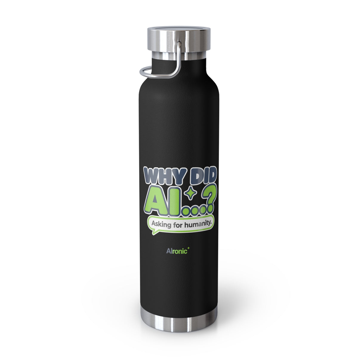 Grey water bottle featuring “Why did AI...?” AI humor design by AIronic, catalog view 3