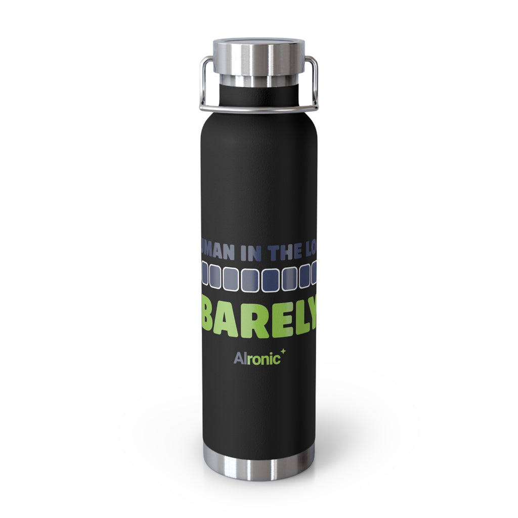 Black Water Bottle featuring "Human in the Loop. Barely." AI humor design by AIronic, gallery view 4