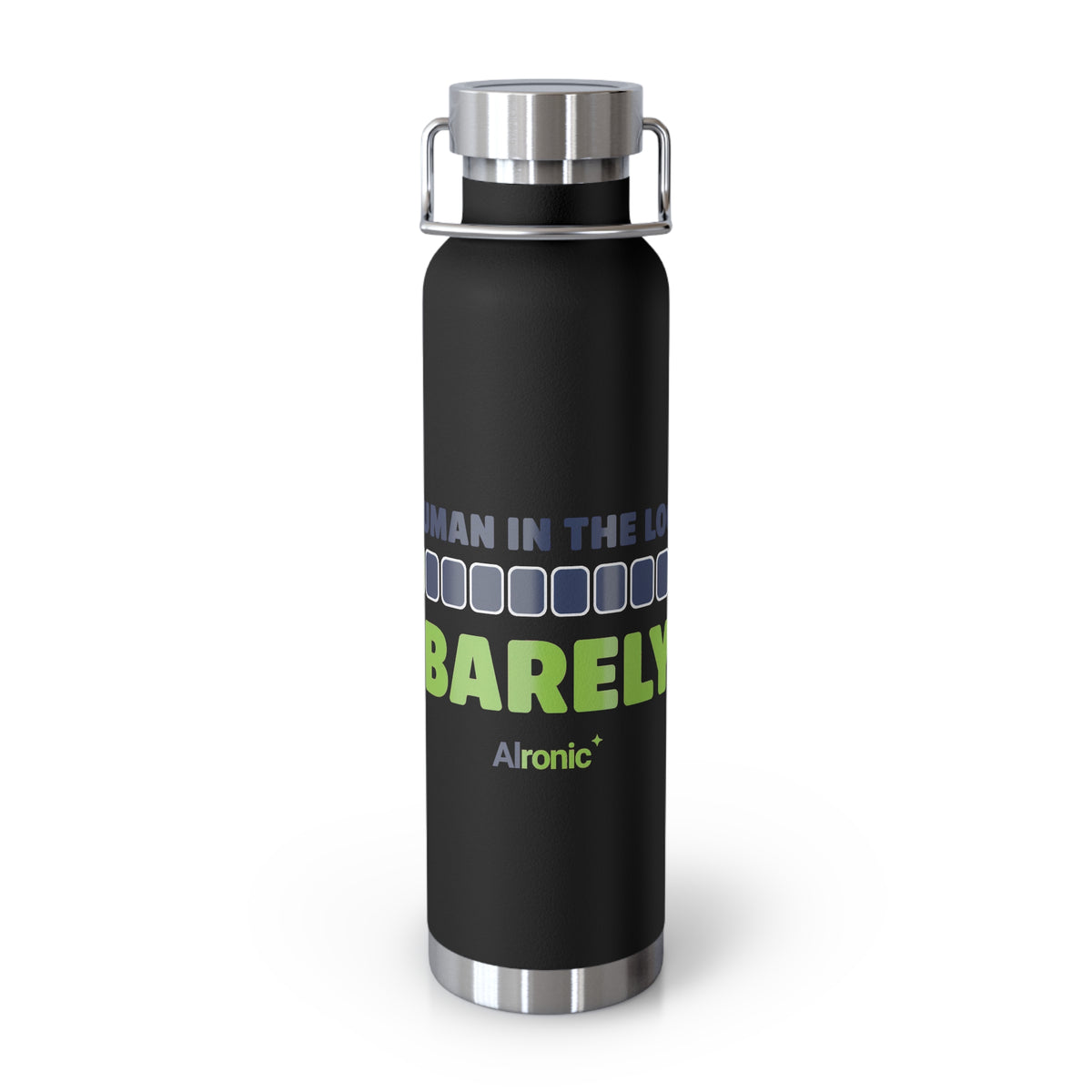 Black Water Bottle featuring "Human in the Loop. Barely." AI humor design by AIronic, gallery view 4