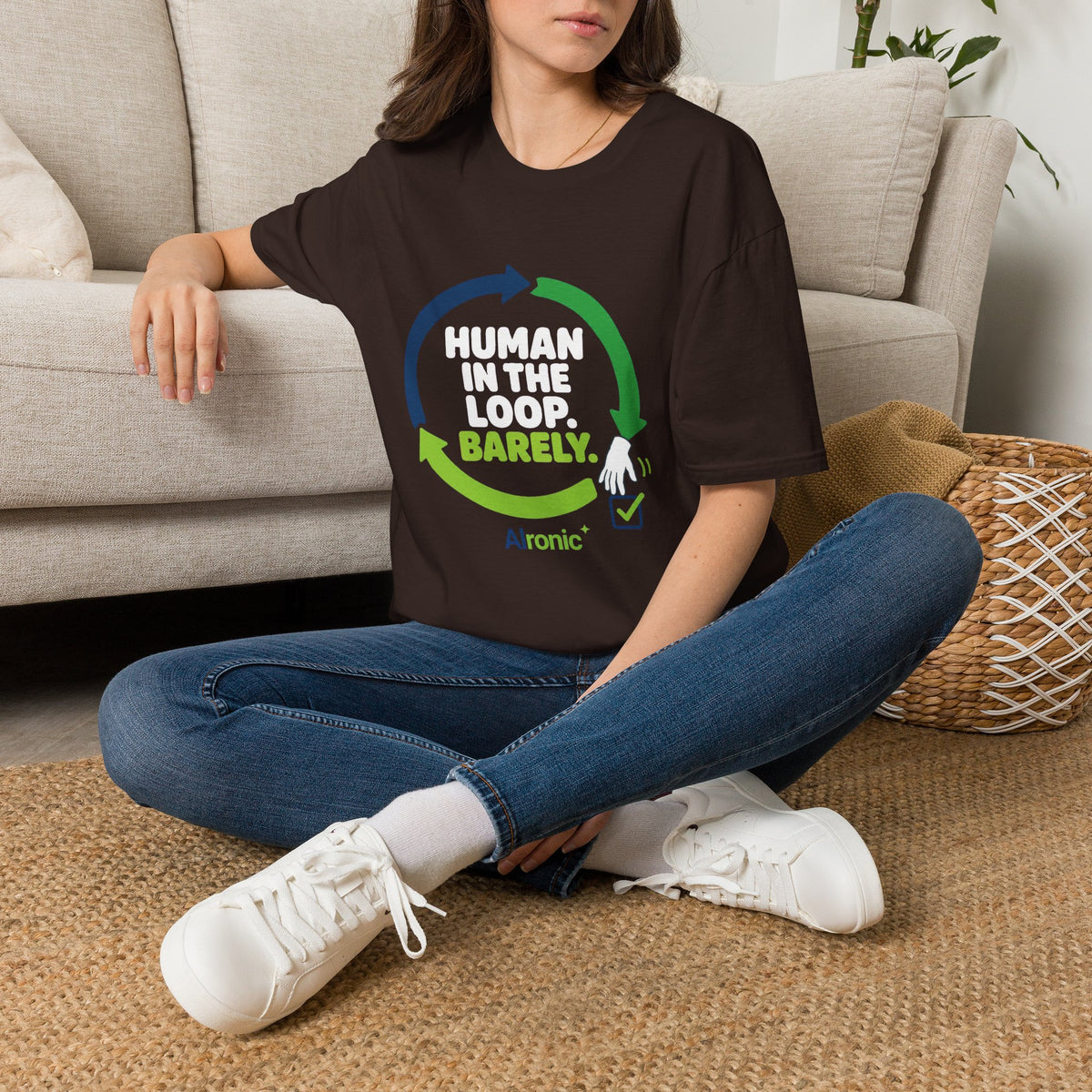 Dark Chocolate T-Shirt featuring "Human in the Loop. Barely." AI humor design by AIronic, gallery view 6
