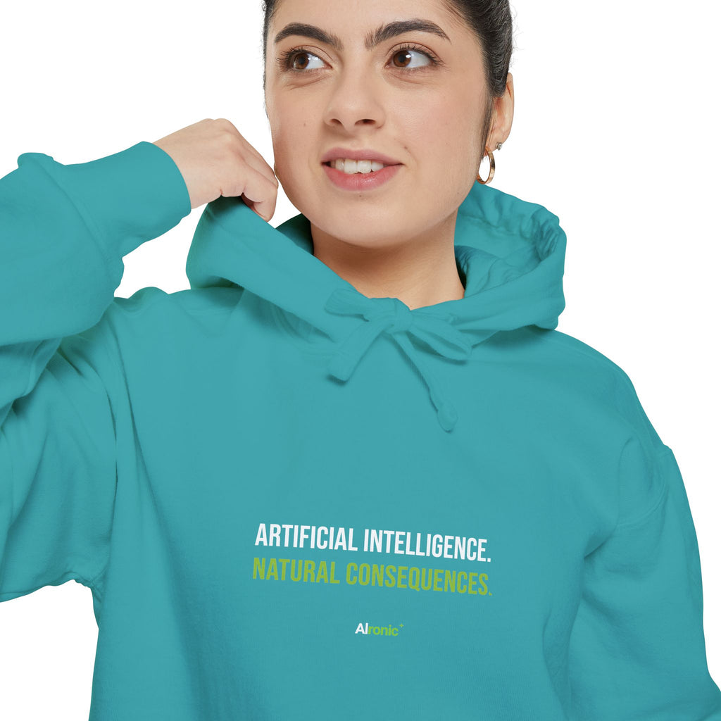 Crimson hoodie featuring “Artificial intelligence. Natural consequences.” AI humor design by AIronic, catalog view 3