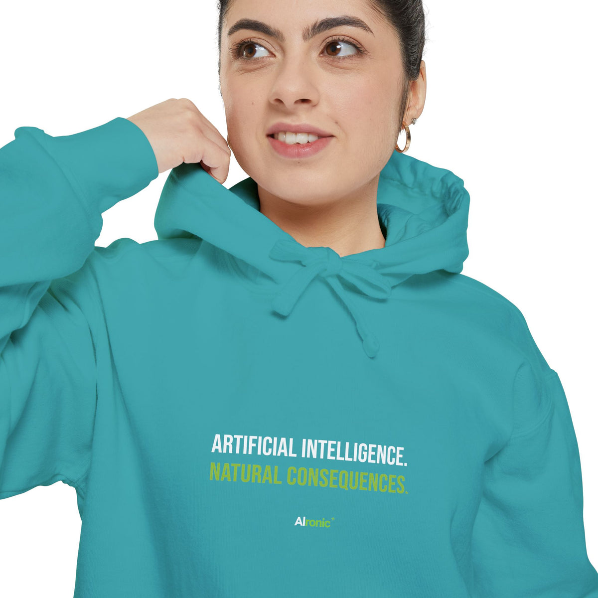 Crimson hoodie featuring “Artificial intelligence. Natural consequences.” AI humor design by AIronic, catalog view 3