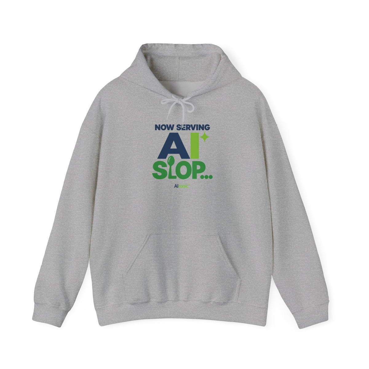 AIronic hoodie featuring "Now Serving AI Slop" AI humor design, gallery view 4