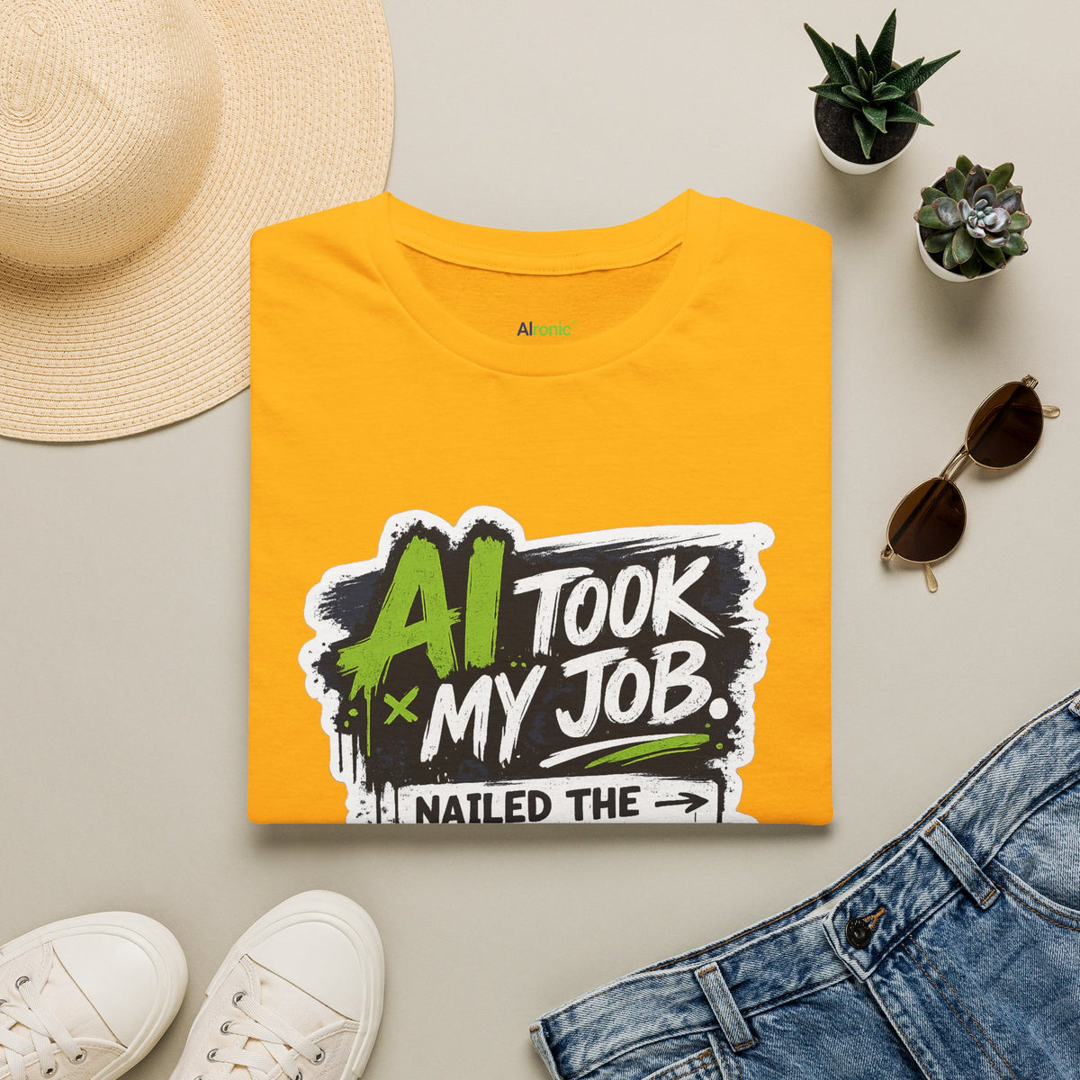 Gold T-Shirt featuring "AI Took My Job - Nailed Exit Interview" AI humor design by AIronic, gallery view 5
