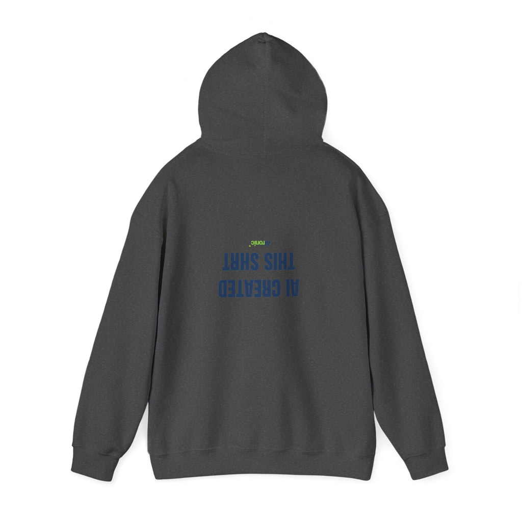 Light Blue hoodie featuring minimal “AI created this shirt” AI humor design by AIronic, catalog view 3
