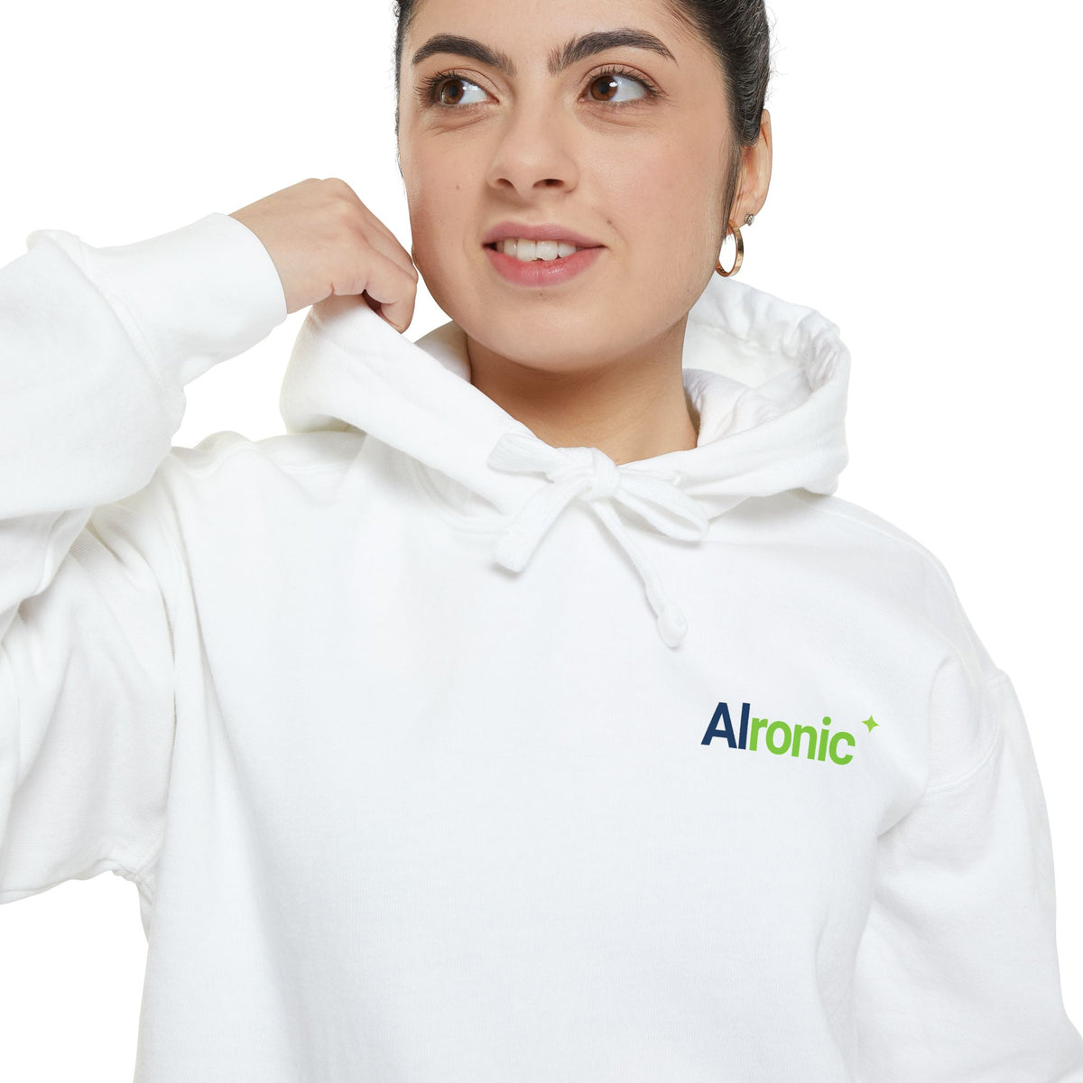 White hoodie featuring “I asked AI. AI asked why” AI humor design by AIronic, catalog view 2