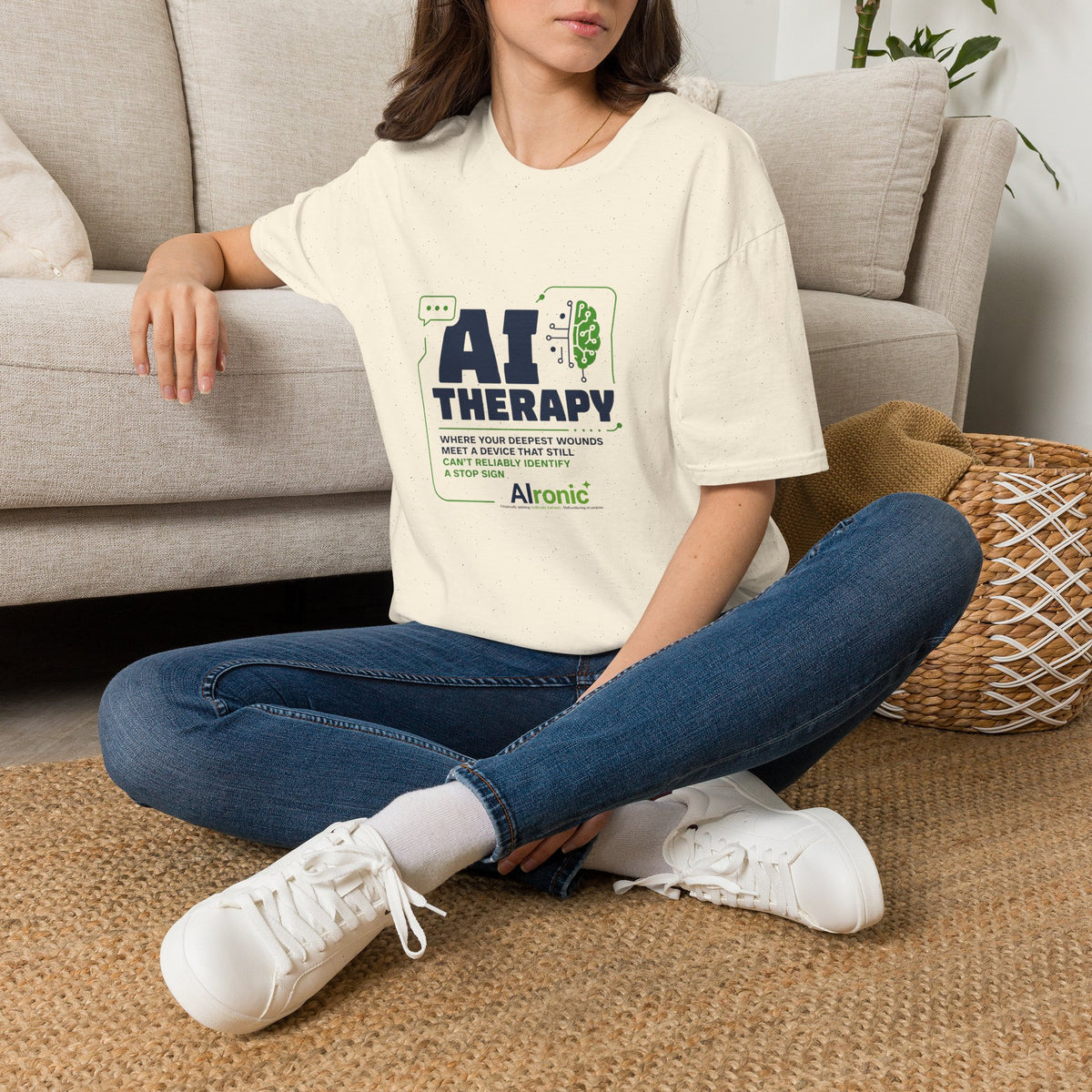 T-Shirt featuring "AI Therapy" AI humor design by AIronic, gallery view 28