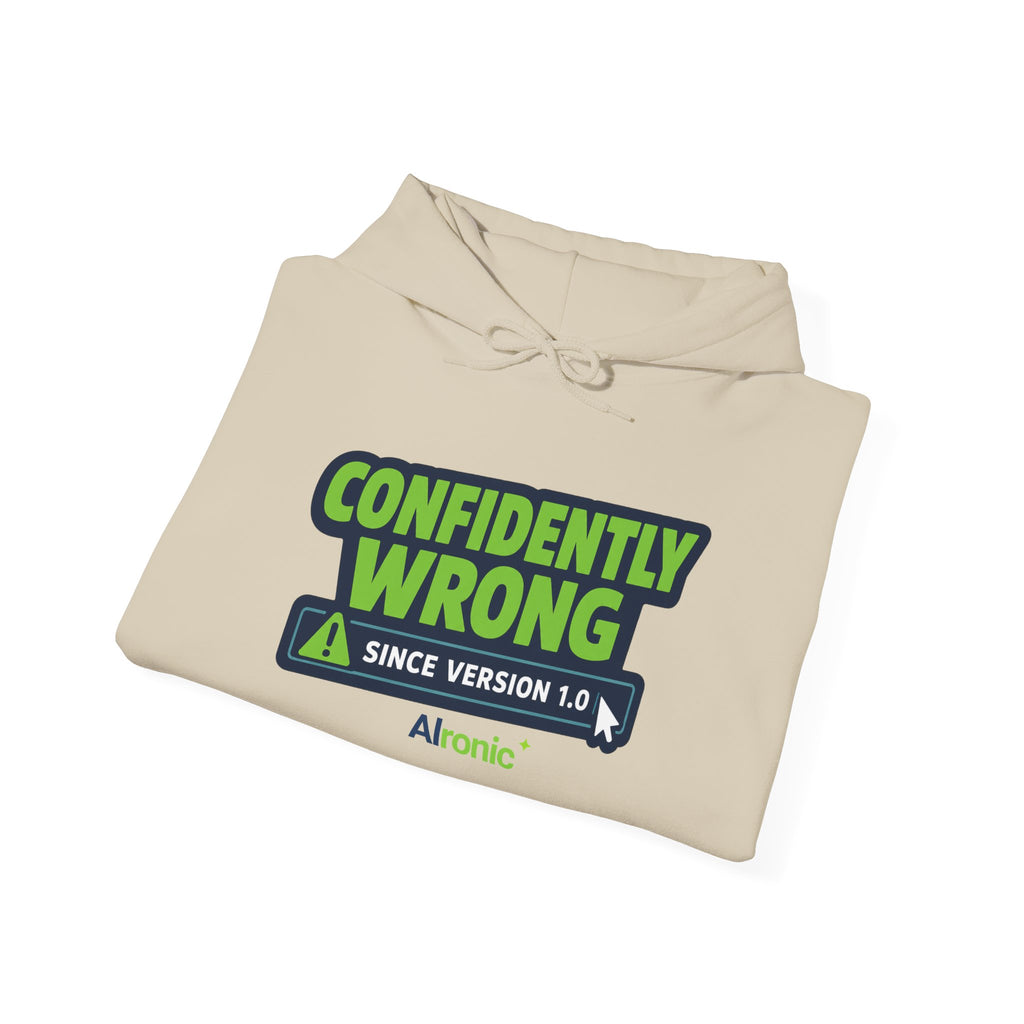 Hoodie featuring “Confidently Wrong Since Version 1.0” AI humor design by AIronic, gallery view 21