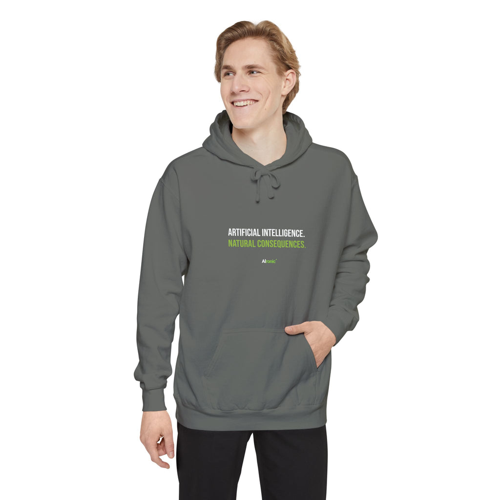 Seafoam hoodie featuring “Artificial intelligence. Natural consequences.” AI humor design by AIronic, catalog view 3
