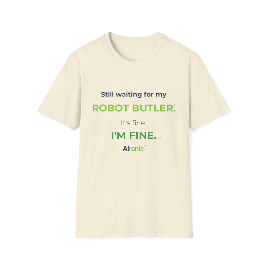 Military Green T-shirt featuring “Still waiting for my robot butler” AI humor design by AIronic, catalog view 3
