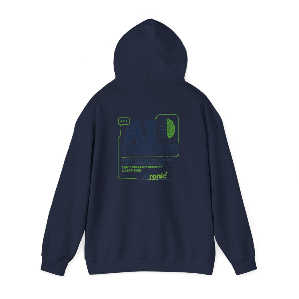 Hoodie featuring “AI Therapy” AI humor design by AIronic, gallery view 41