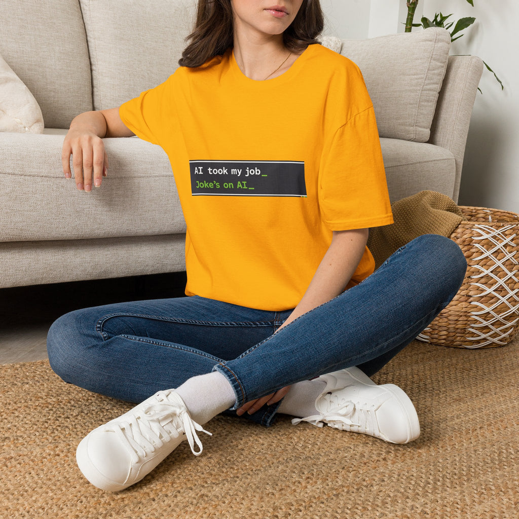 T-Shirt featuring "AI Took My Job - Joke’s on AI" AI humor design by AIronic, gallery view 25
