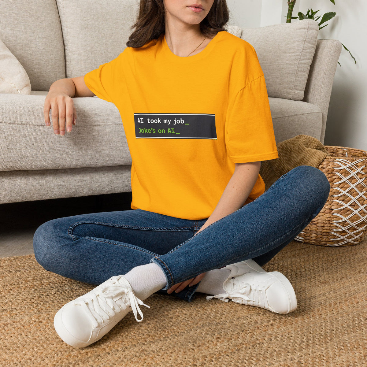 T-Shirt featuring "AI Took My Job - Joke’s on AI" AI humor design by AIronic, gallery view 25
