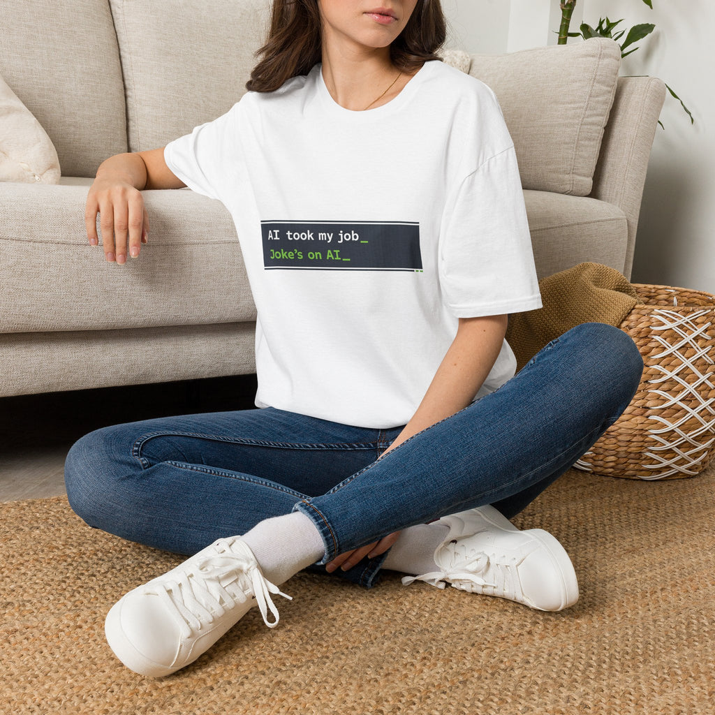T-Shirt featuring "AI Took My Job - Joke’s on AI" AI humor design by AIronic, gallery view 14