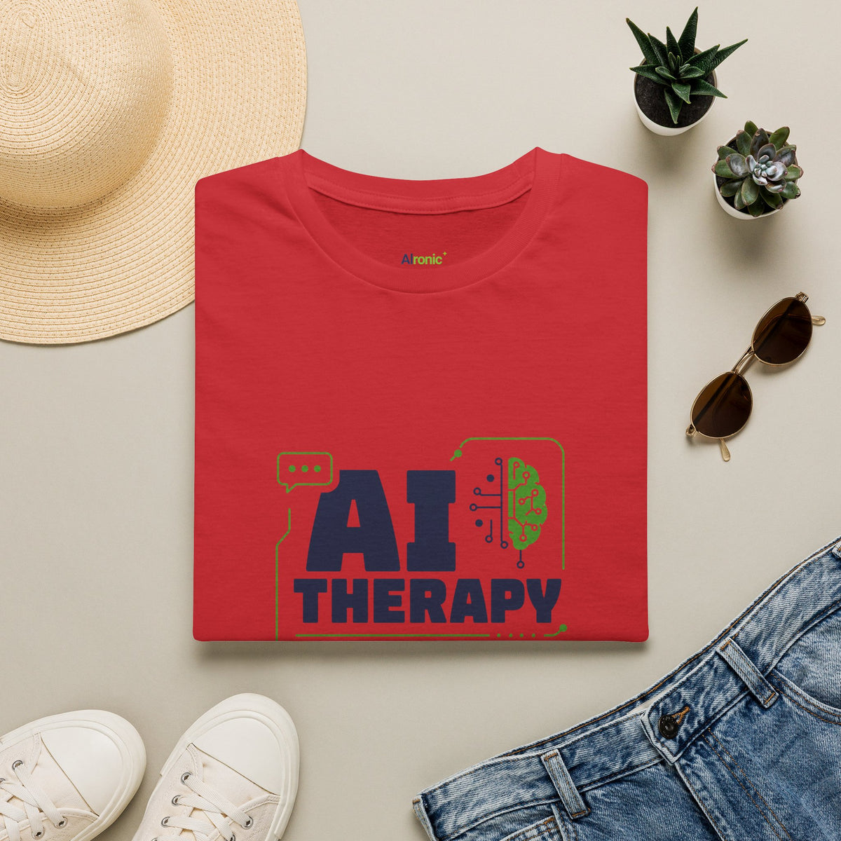 Red T-Shirt featuring "AI Therapy" AI humor design by AIronic, gallery view 12