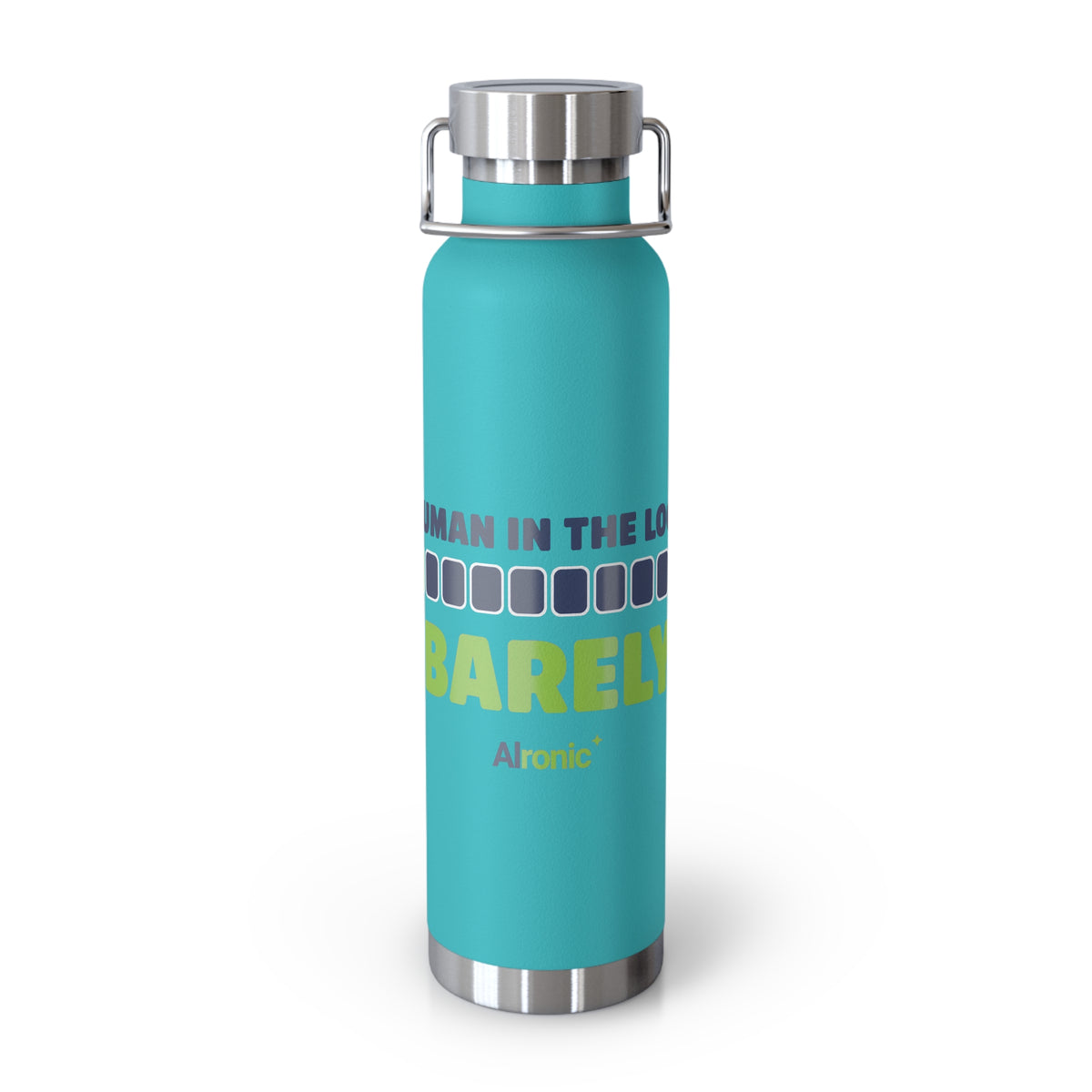 Mint Green Water Bottle featuring "Human in the Loop. Barely." AI humor design by AIronic, gallery view 6