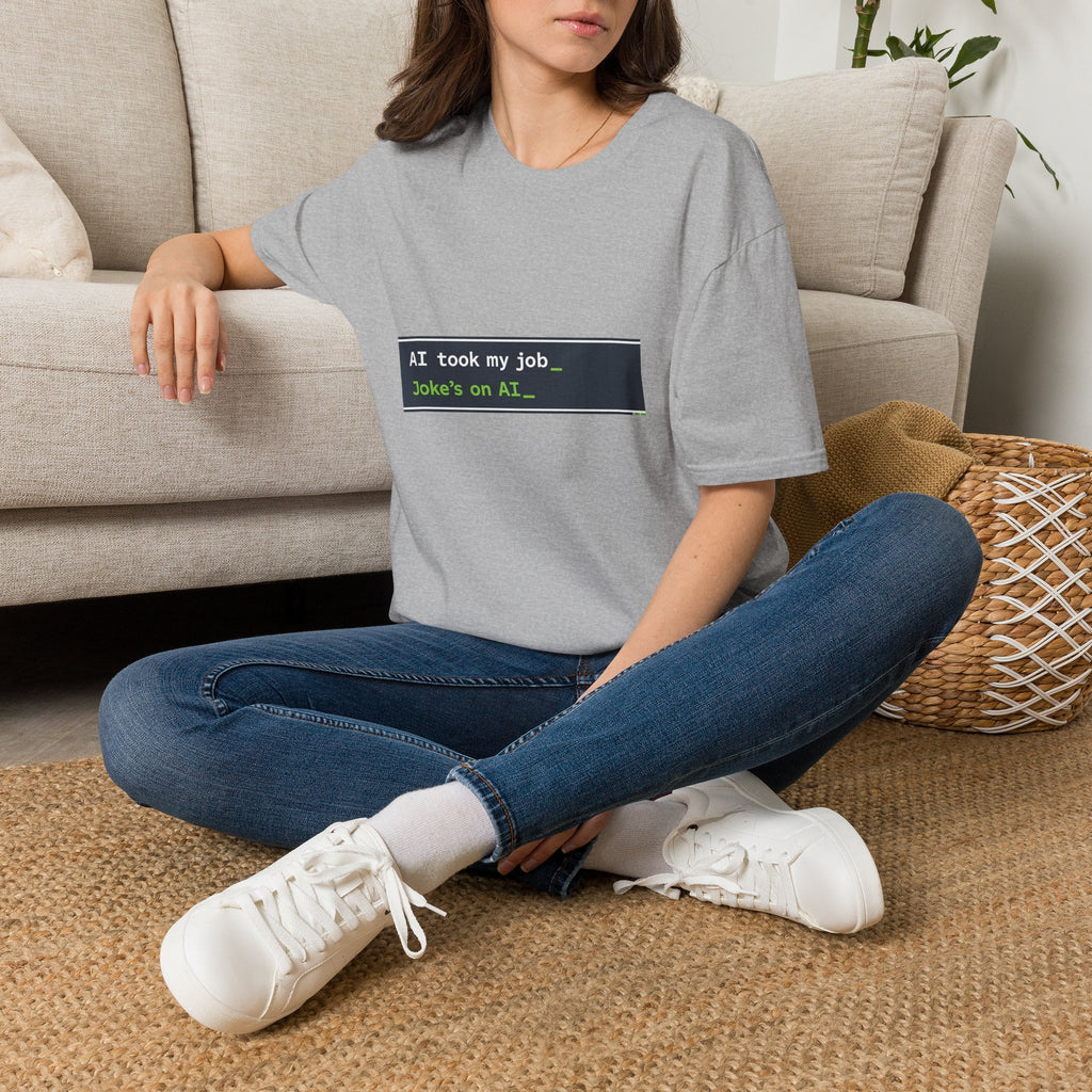 T-Shirt featuring "AI Took My Job - Joke’s on AI" AI humor design by AIronic, gallery view 22