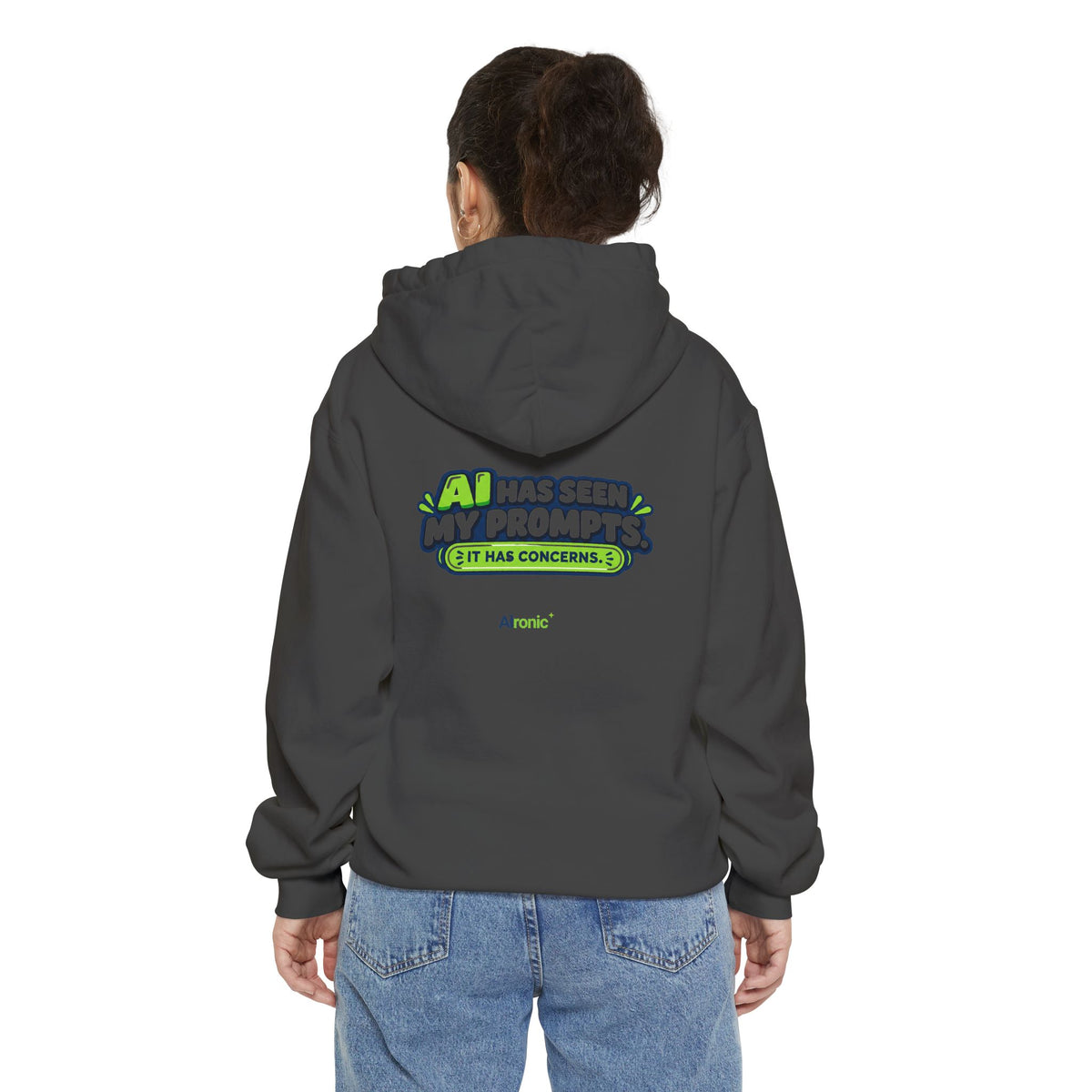 Seafoam hoodie featuring “AI has seen my prompts. It has concerns” AI humor design by AIronic, catalog view 2