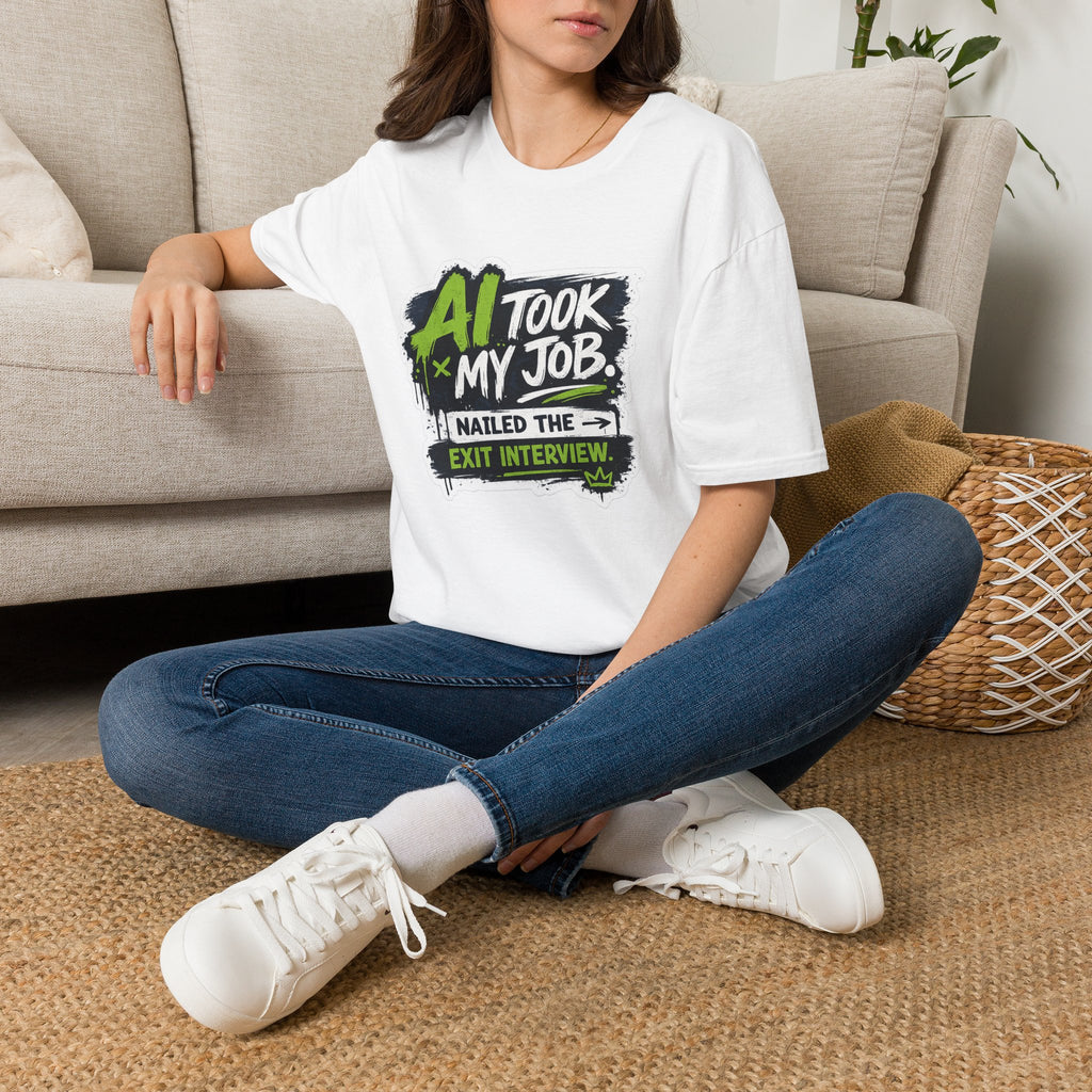 T-Shirt featuring "AI Took My Job - Nailed Exit Interview" AI humor design by AIronic, gallery view 14