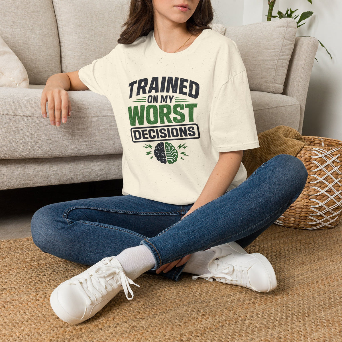 T-Shirt featuring "Trained on My Worst Decisions Fitness" AI humor design by AIronic, gallery view 28