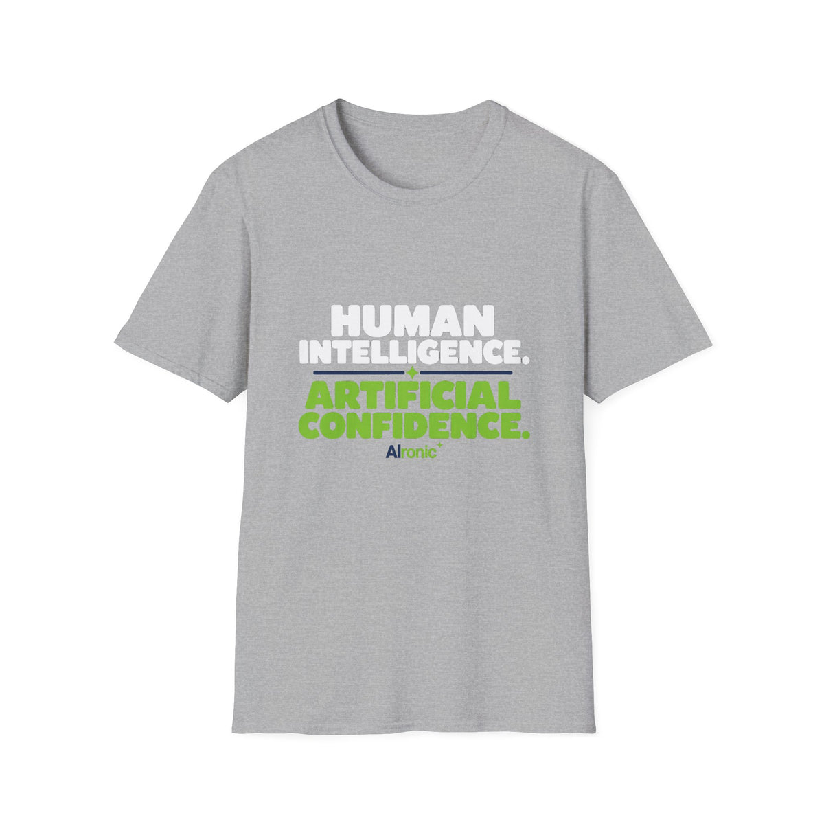 Sport Grey T-Shirt featuring "Human Intelligence. Artificial Confidence." AI humor design by AIronic, gallery view 3