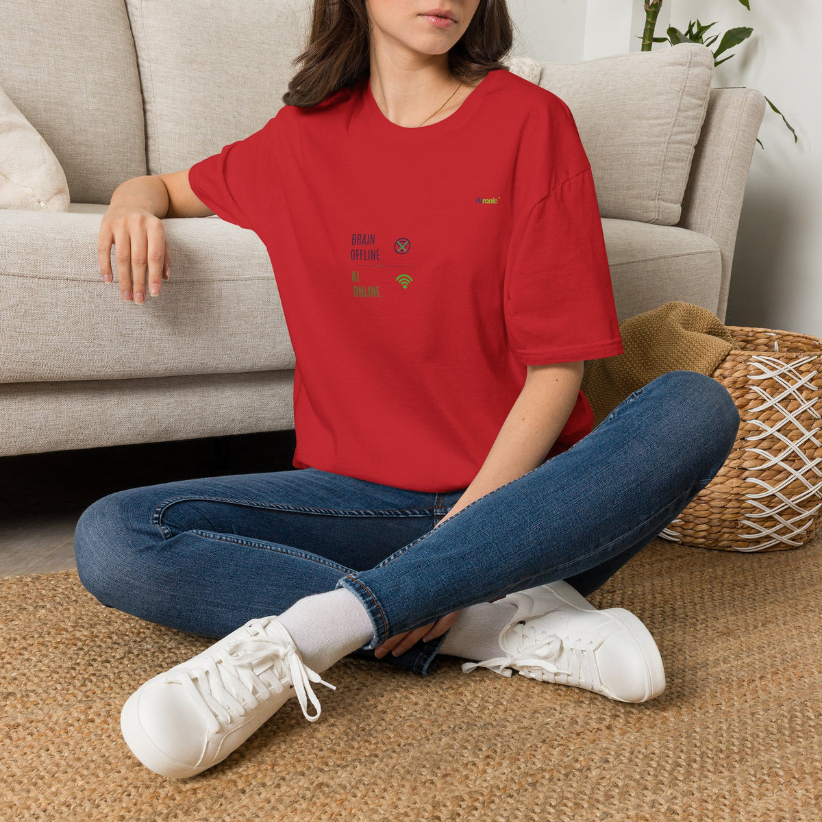 T-Shirt featuring "Brain Offline, AI Online" AI humor design by AIronic, gallery view 46