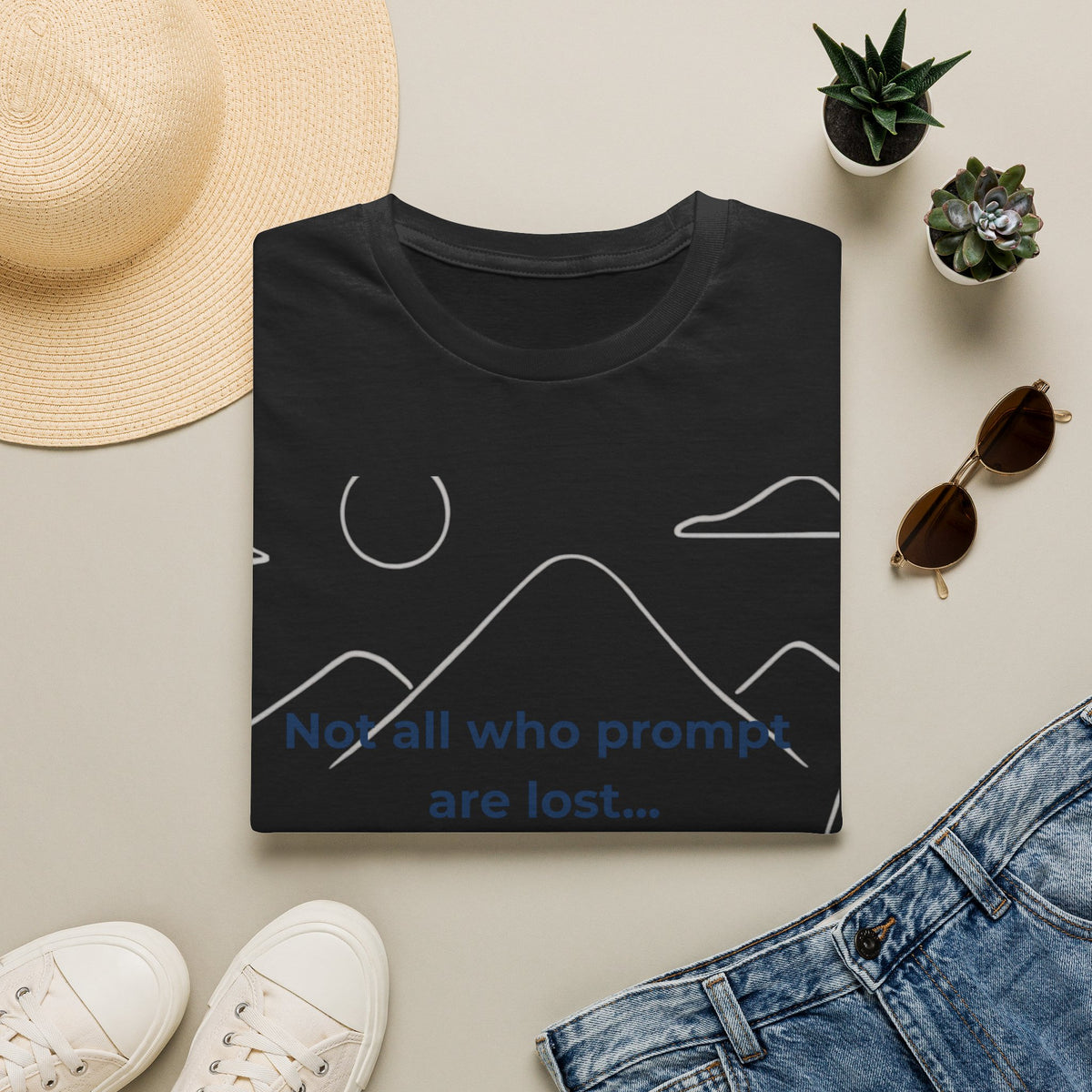 Black T-Shirt featuring "Not All Who Prompt Are Lost Scenic" AI humor design by AIronic, gallery view 2