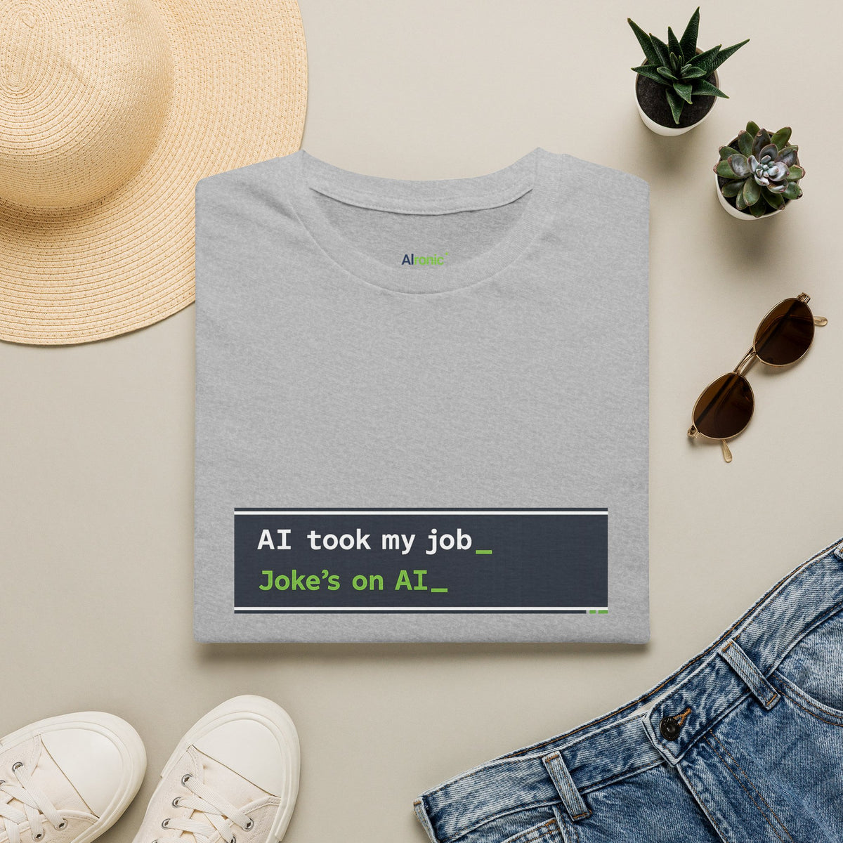 Sport Grey T-Shirt featuring "AI Took My Job - Joke’s on AI" AI humor design by AIronic, gallery view 4
