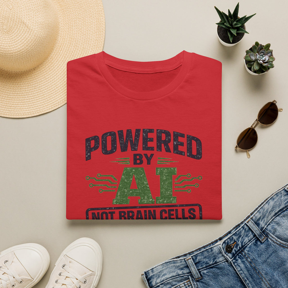 Red T-Shirt featuring "Powered by AI" AI humor design by AIronic, gallery view 12