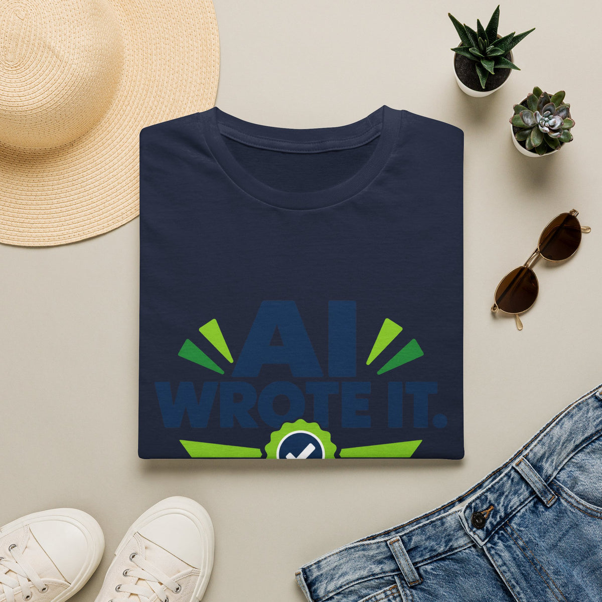 Navy T-Shirt featuring "AI Wrote It. I Took the Credit." AI humor design by AIronic, gallery view 10