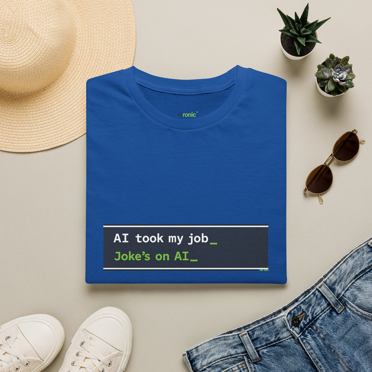 Royal T-Shirt featuring "AI Took My Job - Joke’s on AI" AI humor design by AIronic, gallery view 8