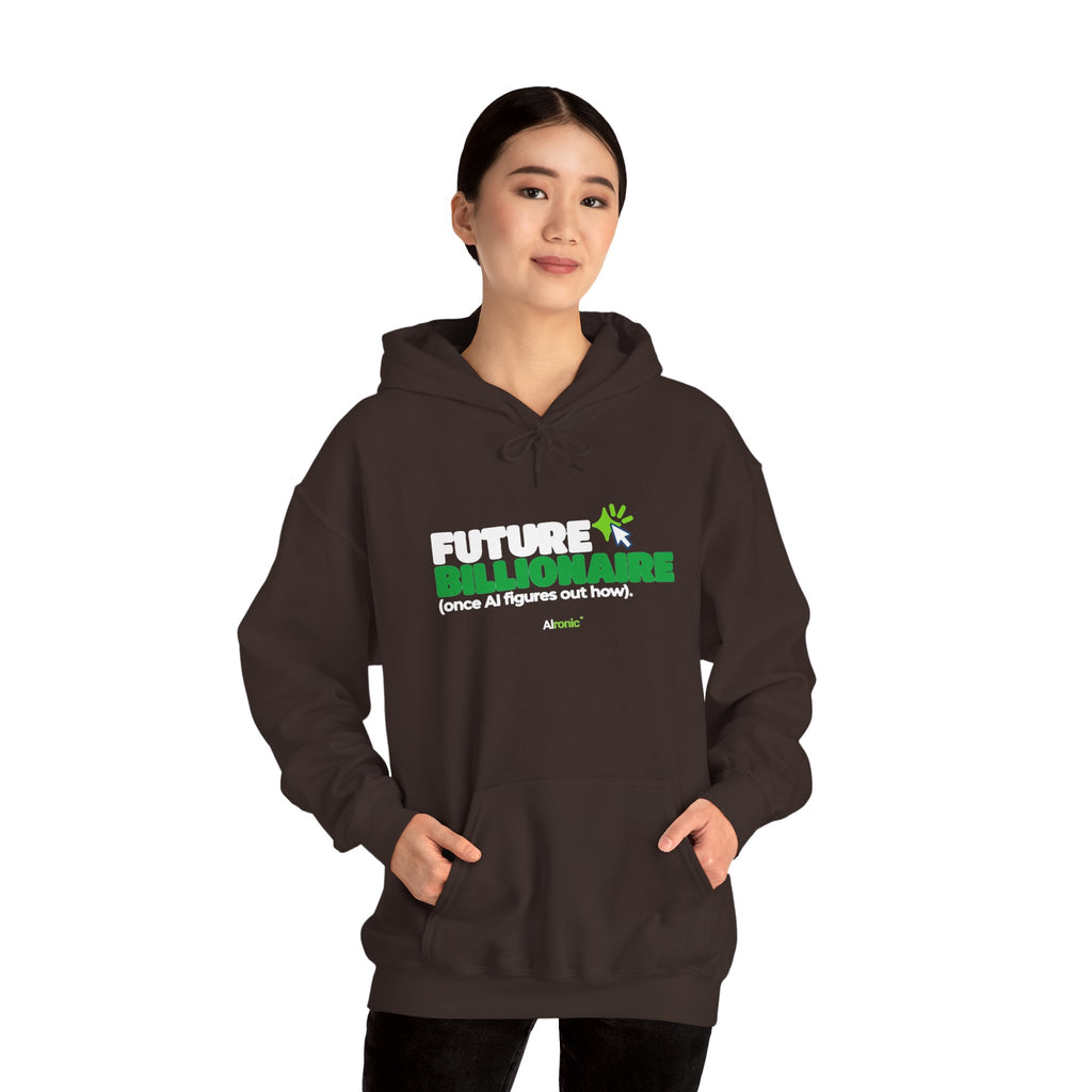 Light Pink hoodie featuring “Future billionaire, once AI figures out how” AI humor design by AIronic, catalog view 3