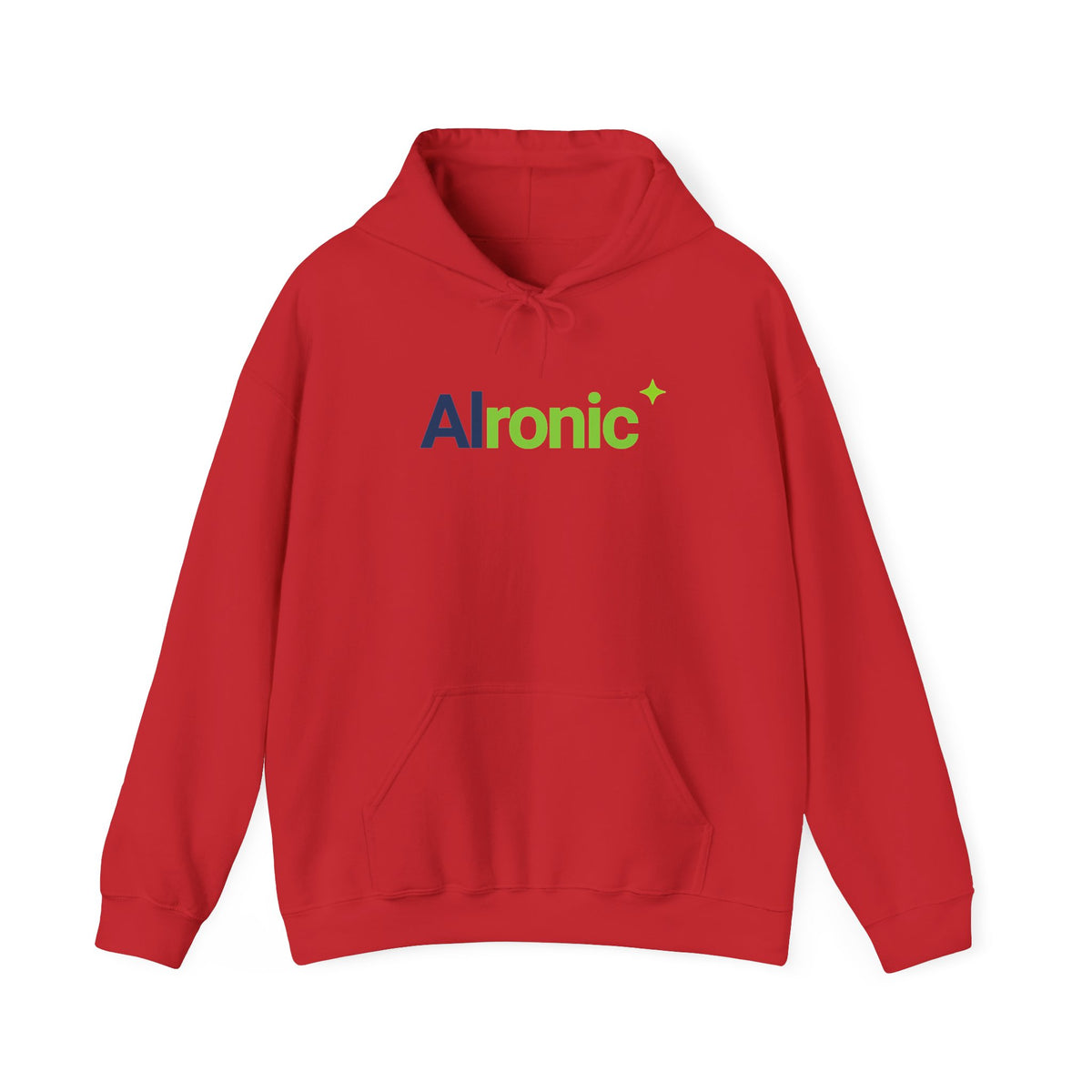 Red hoodie featuring “AI created this shirt” AI humor design by AIronic, catalog view 1