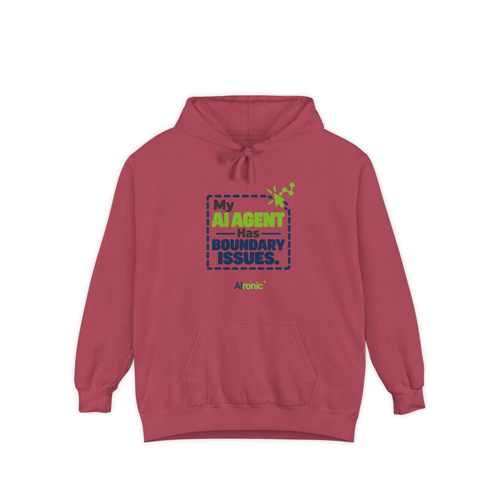 Crimson hoodie featuring “My AI agent has boundary issues” AI humor design by AIronic, catalog view 1