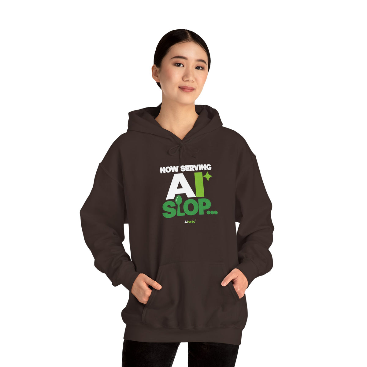 AIronic hoodie featuring "Now Serving AI Slop" AI humor design, gallery view 30