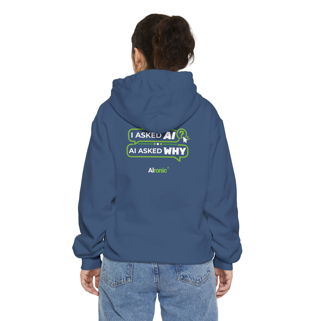 Grey hoodie featuring “I asked AI. AI asked why” AI humor design by AIronic, catalog view 5