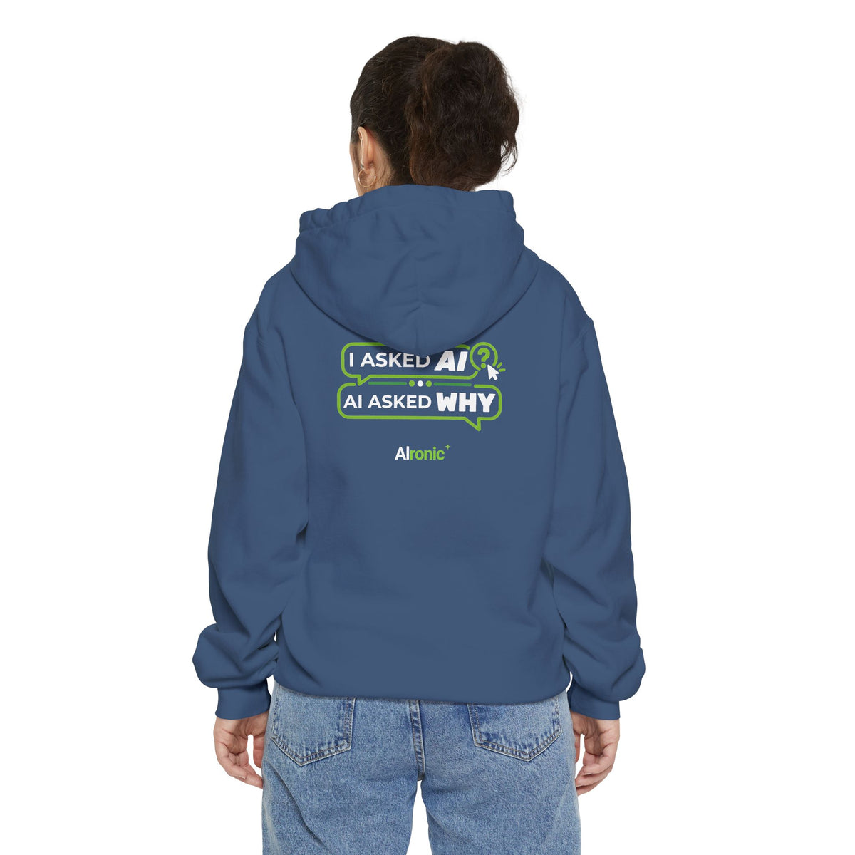 Grey hoodie featuring “I asked AI. AI asked why” AI humor design by AIronic, catalog view 5