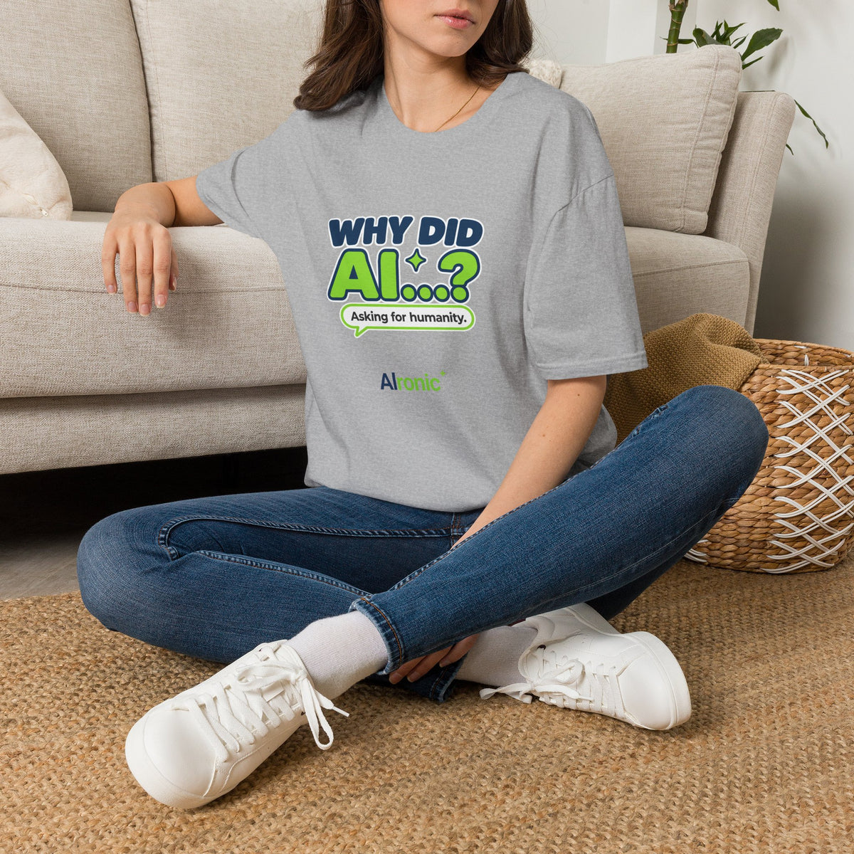 Sport Grey T-shirt featuring “Why did AI...?” AI humor design by AIronic, catalog view 1