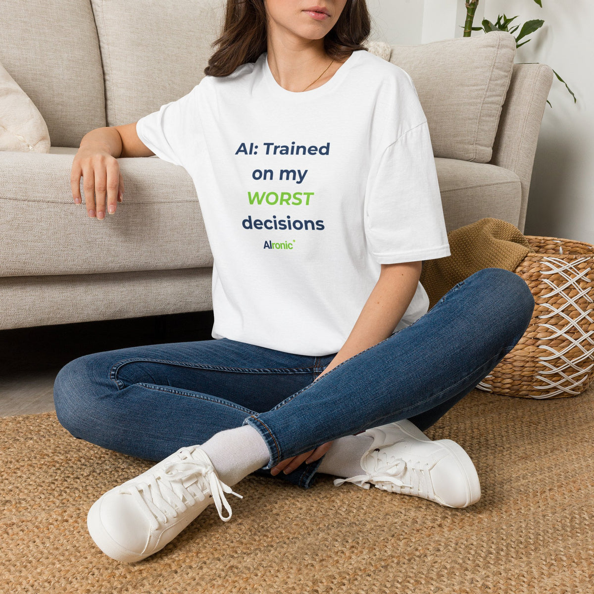 T-Shirt featuring "Trained on My Worst Decisions Quote" AI humor design by AIronic, gallery view 3