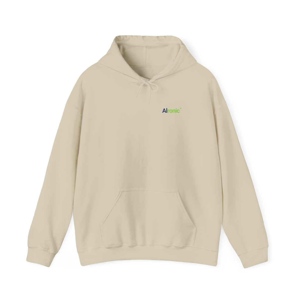 Sand hoodie featuring minimal “AI created this shirt” AI humor design by AIronic, catalog view 1