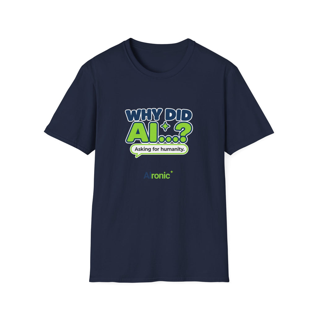 Royal T-shirt featuring “Why did AI...?” AI humor design by AIronic, catalog view 3