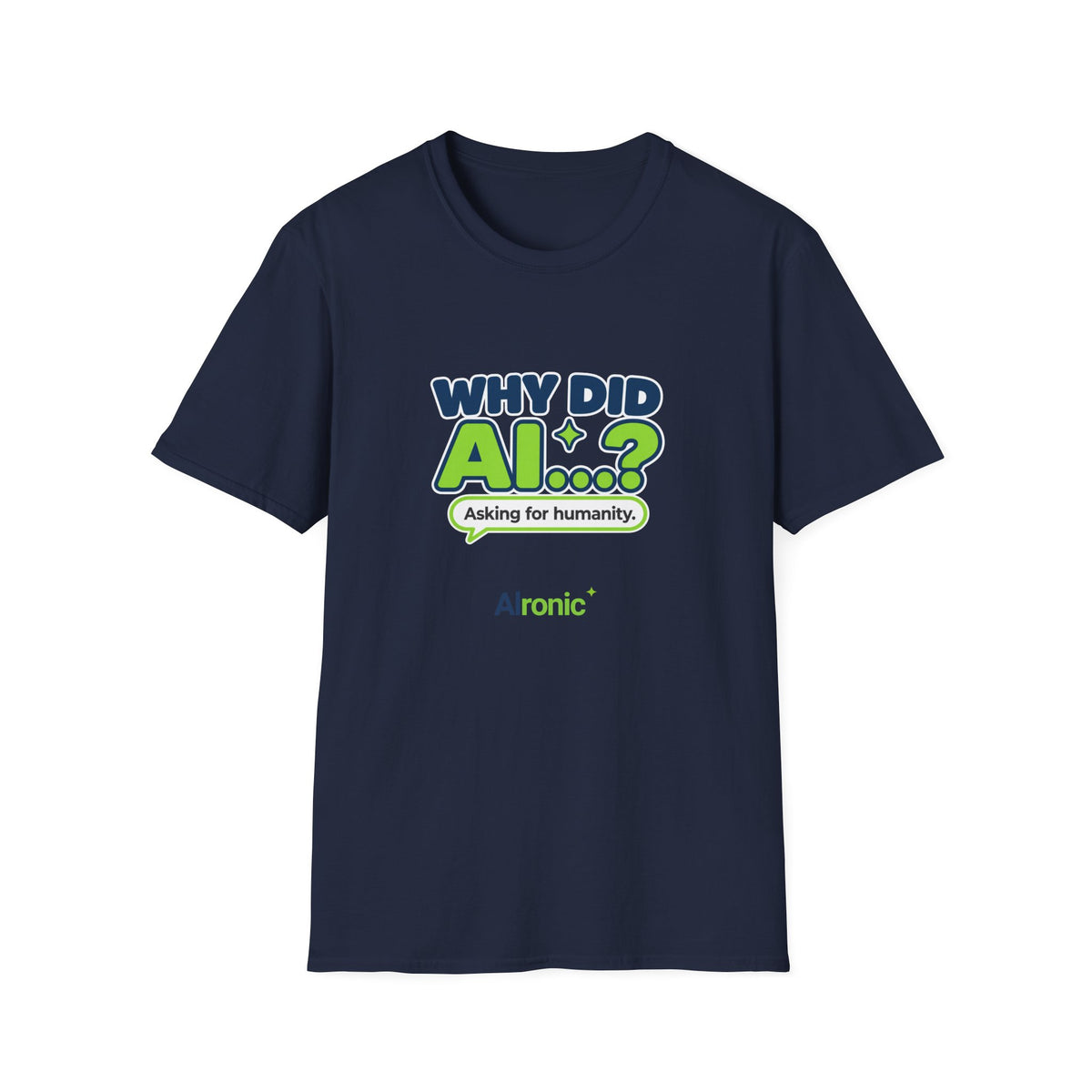 Royal T-shirt featuring “Why did AI...?” AI humor design by AIronic, catalog view 3