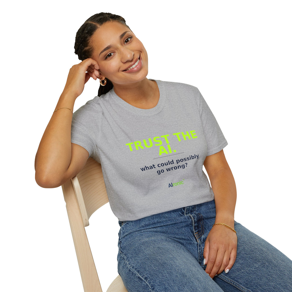 Model wearing Sport Grey T-shirt with "Trust the AI. What could possibly go wrong?" AI humor design by AIronic