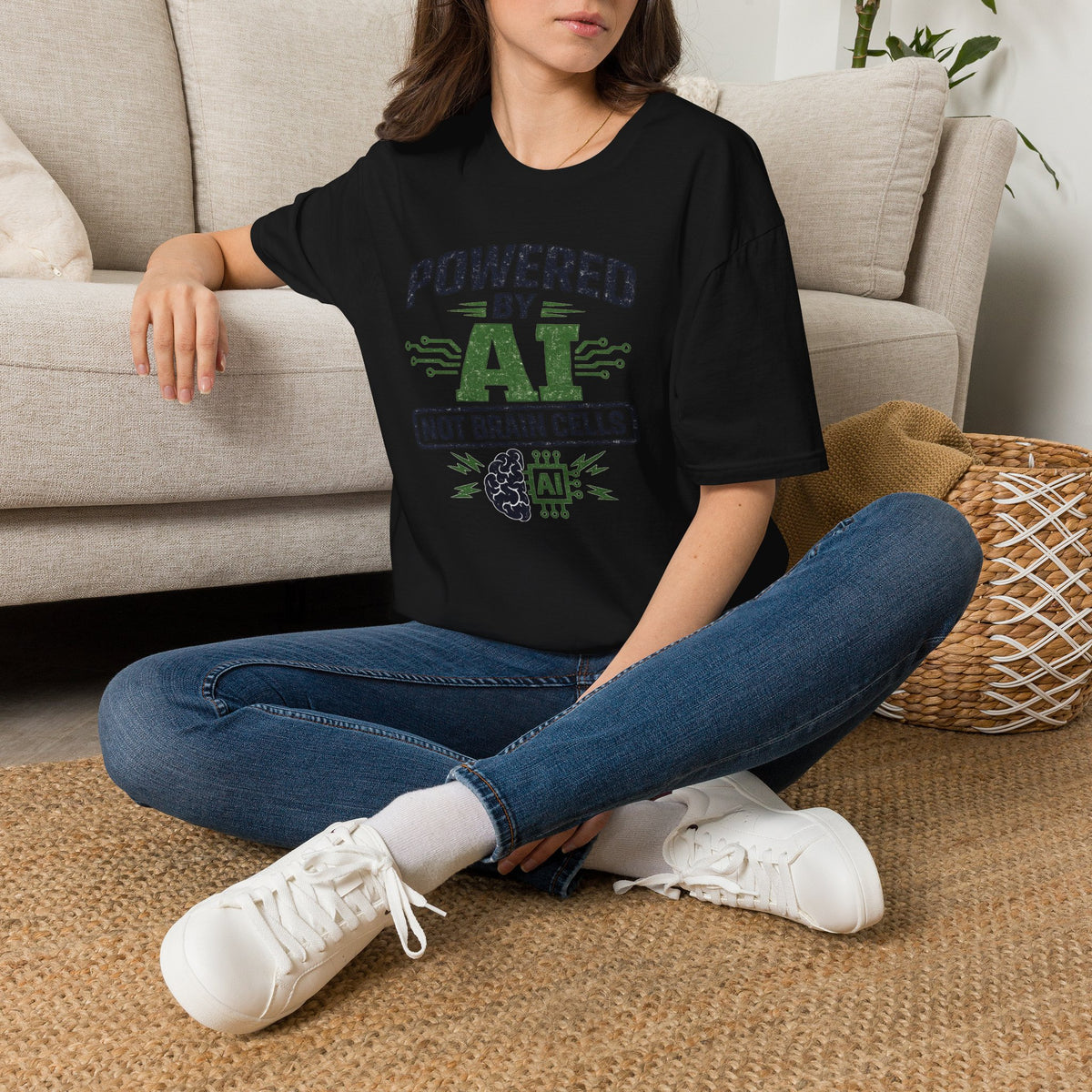 T-Shirt featuring "Powered by AI" AI humor design by AIronic, gallery view 16