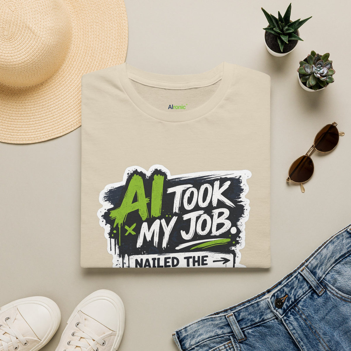 Sand T-Shirt featuring "AI Took My Job - Nailed Exit Interview" AI humor design by AIronic, gallery view 3