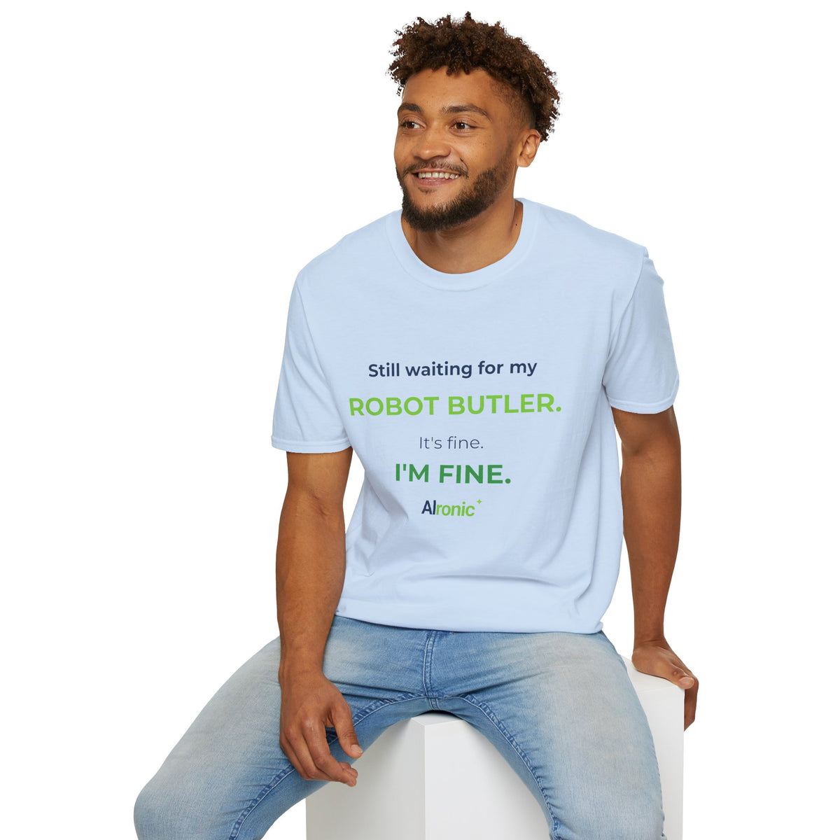 Royal T-shirt featuring “Still waiting for my robot butler” AI humor design by AIronic, catalog view 4