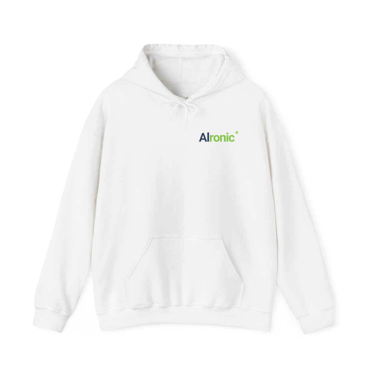 White Hoodie featuring "AIronic Minimal Logo" AI humor design by AIronic, gallery view 1