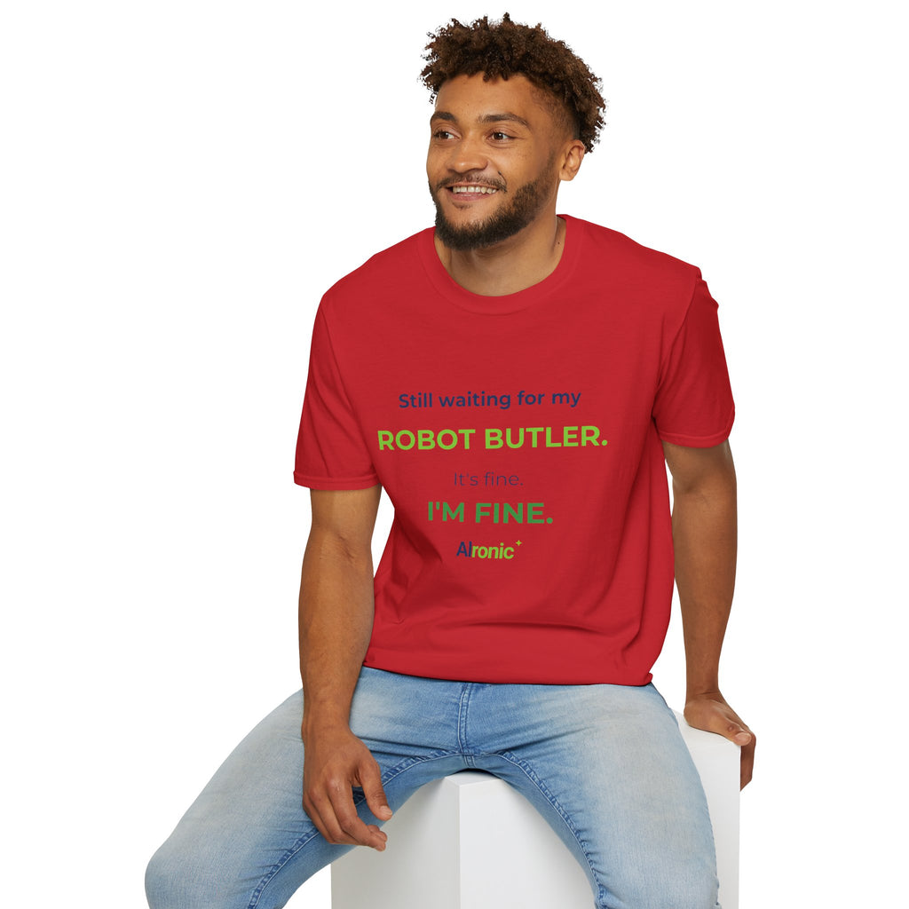 Navy T-shirt featuring “Still waiting for my robot butler” AI humor design by AIronic, catalog view 5