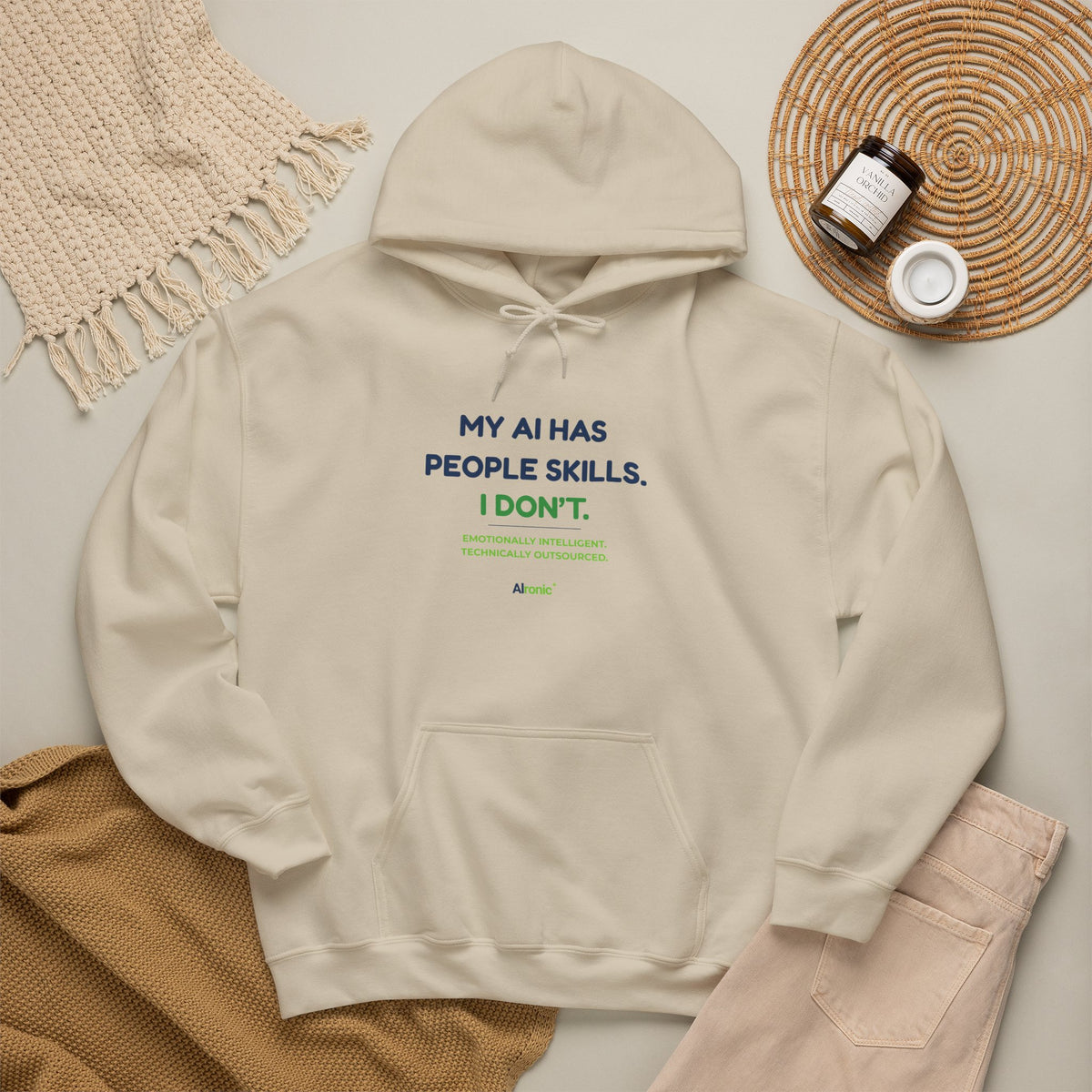 Hoodie featuring “My AI Has People Skills. I Don't.” AI humor design by AIronic, gallery view 20