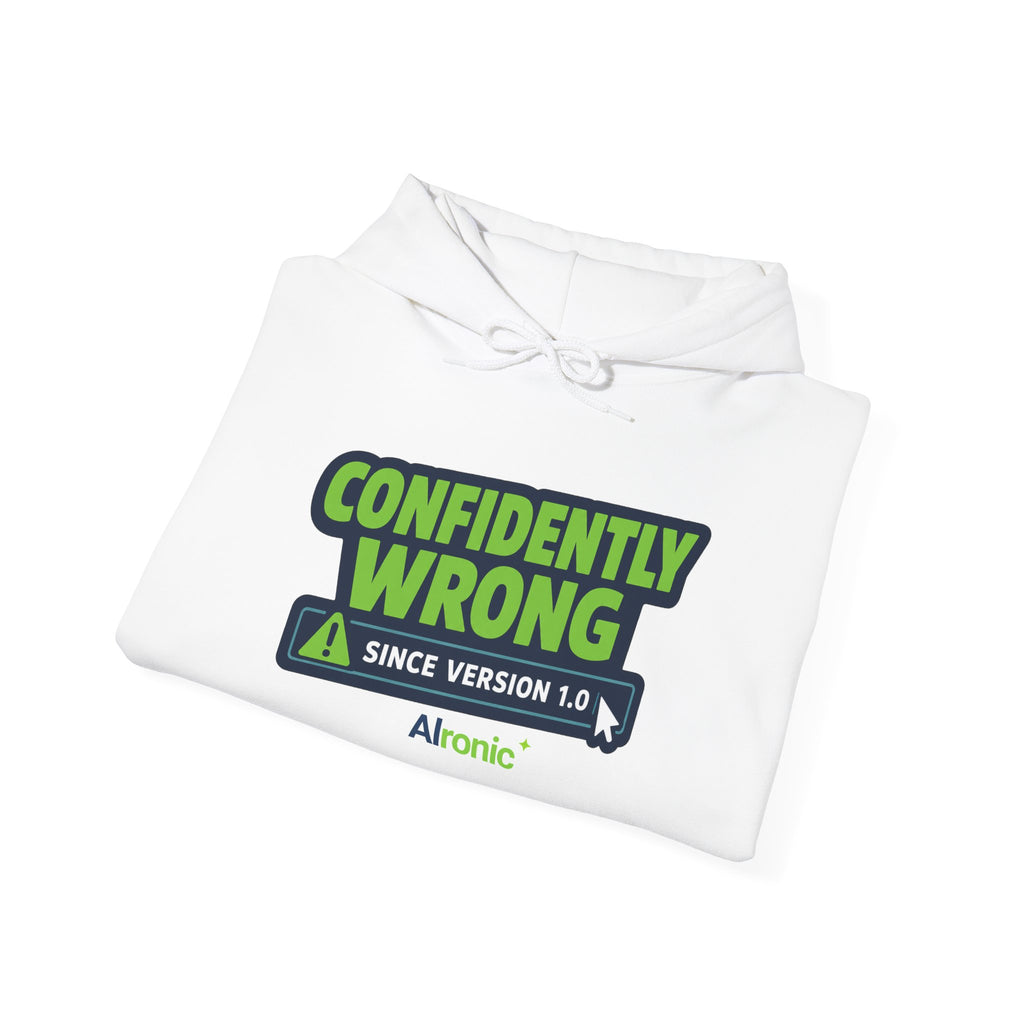 Hoodie featuring “Confidently Wrong Since Version 1.0” AI humor design by AIronic, gallery view 15